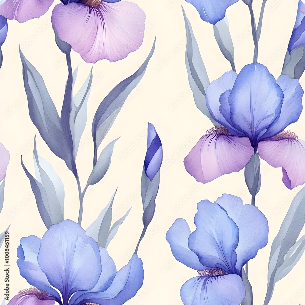 Delicate Watercolor Iris Flower Pattern in Soft Violet and Blue Tones on Cream Background Delicate Watercolor Iris Flower Pattern in Soft Violet and Blue Tones on Cream Background