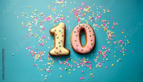 Decorated cookie, number 10, image for birthday or anniversary celebration