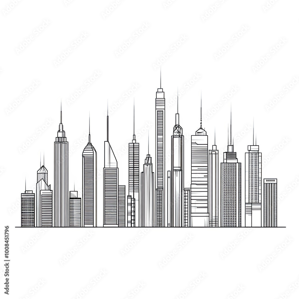 Obraz premium Black and white skyline illustration featuring colorful tall buildings transparent background