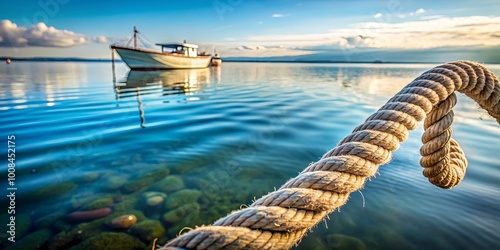 A weathered rope lies on a calm body of water, the sun reflecting off the ripples, a distant boat marking the horizon, suggesting a peaceful journey awaits.