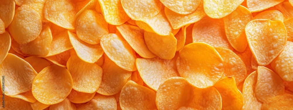 Crunchy orange potato chips spread out on a textured surface, creating a vibrant and appetizing display for snack lovers Crunchy orange potato chips spread out on a textured surface, creating a vibrant and appetizing display for snack lovers