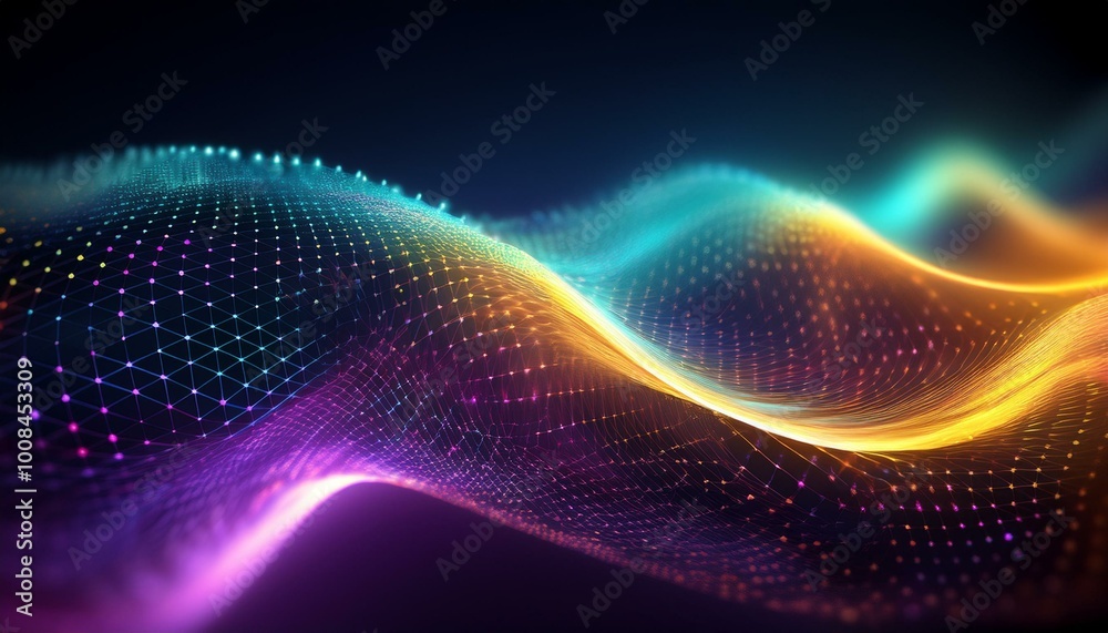 Cyber big data flow. Blockchain data fields. Network line connects to stream. Concept of AI technology, Digital communication, science research, 3D illustration music waves Cyber big data flow. Blockchain data fields. Network line connects to stream. Concept of AI technology, Digital communication, science research, 3D illustration music waves
