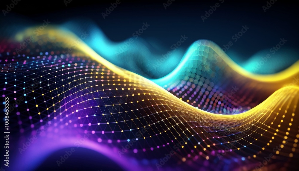 Cyber big data flow. Blockchain data fields. Network line connects to stream. Concept of AI technology, Digital communication, science research, 3D illustration music waves Cyber big data flow. Blockchain data fields. Network line connects to stream. Concept of AI technology, Digital communication, science research, 3D illustration music waves