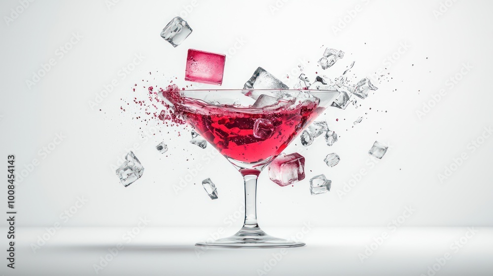 Surreal Floating Cocktail Glass with Levitating Ice Cubes on Clean White Background - Minimalist Beverage Concept Surreal Floating Cocktail Glass with Levitating Ice Cubes on Clean White Background - Minimalist Beverage Concept