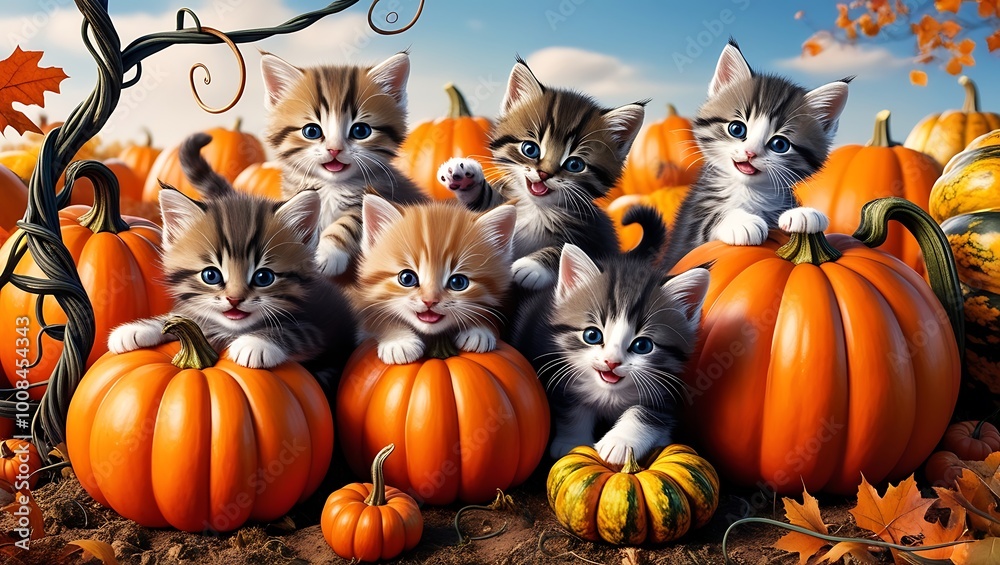 A group of kittens playing inside a pumpkin patch, each one with a unique expression A group of kittens playing inside a pumpkin patch, each one with a unique expression