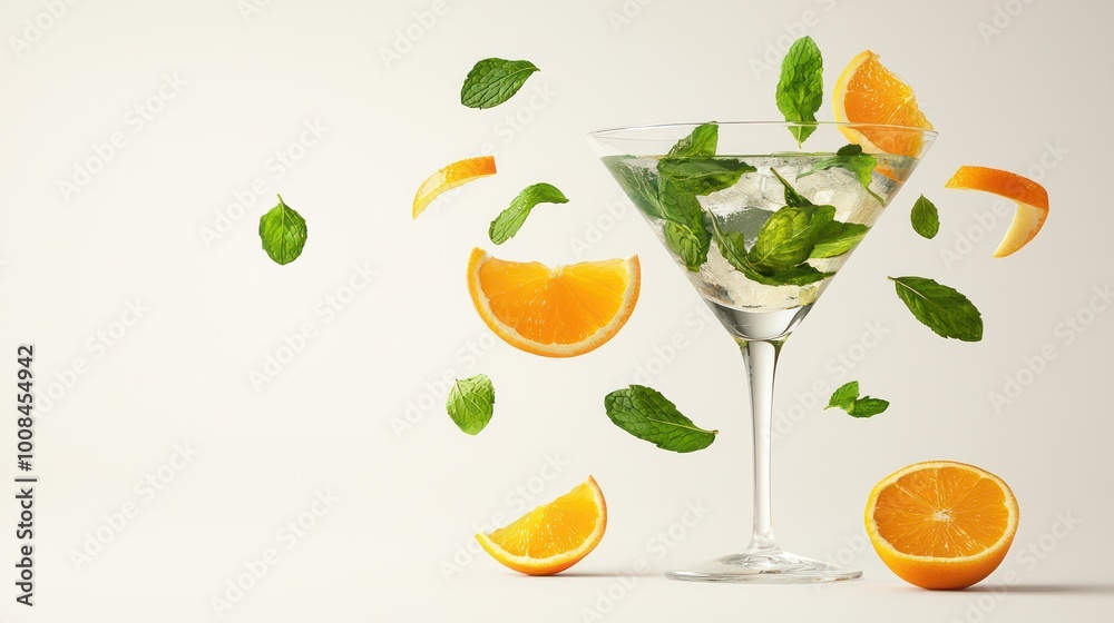 Levitating Cocktail Glass with Mint Leaves and Citrus Peel on White Background - Surreal Minimalist Design Levitating Cocktail Glass with Mint Leaves and Citrus Peel on White Background - Surreal Minimalist Design