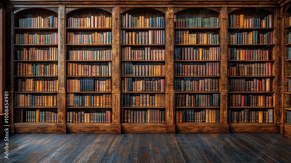 Classic Wooden Bookshelf Filled with Colorful Books Classic Wooden Bookshelf Filled with Colorful Books