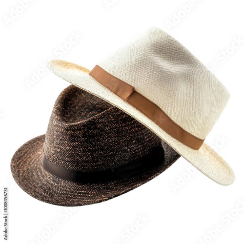 Two stylish hats, one white and one brown, isolated on a white background. photo