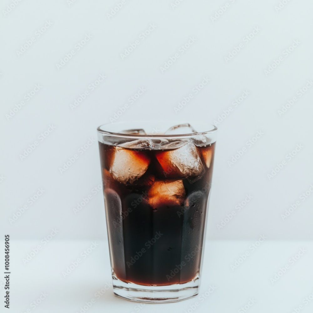 Refreshing Glass of Cold Brew Coffee with Ice Cubes on White Background