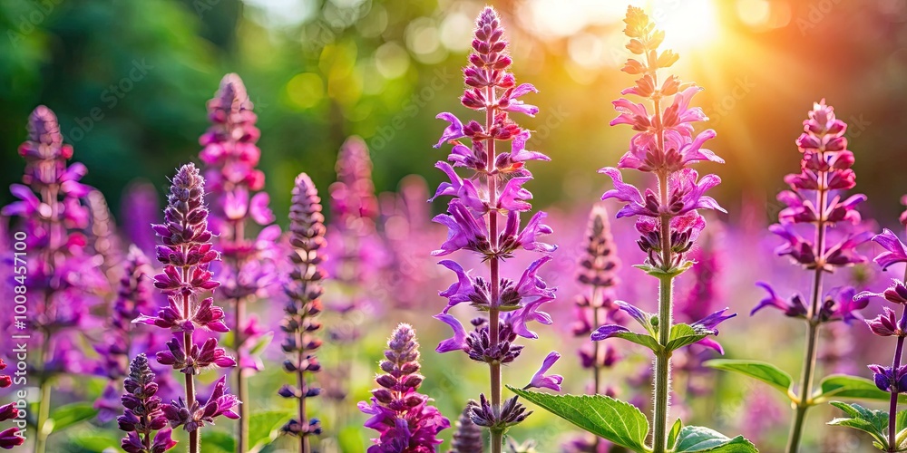 Delicate Clary Sage Leaves and Flowers Against a Soft Focus Background in Natural Light Conditions Delicate Clary Sage Leaves and Flowers Against a Soft Focus Background in Natural Light Conditions