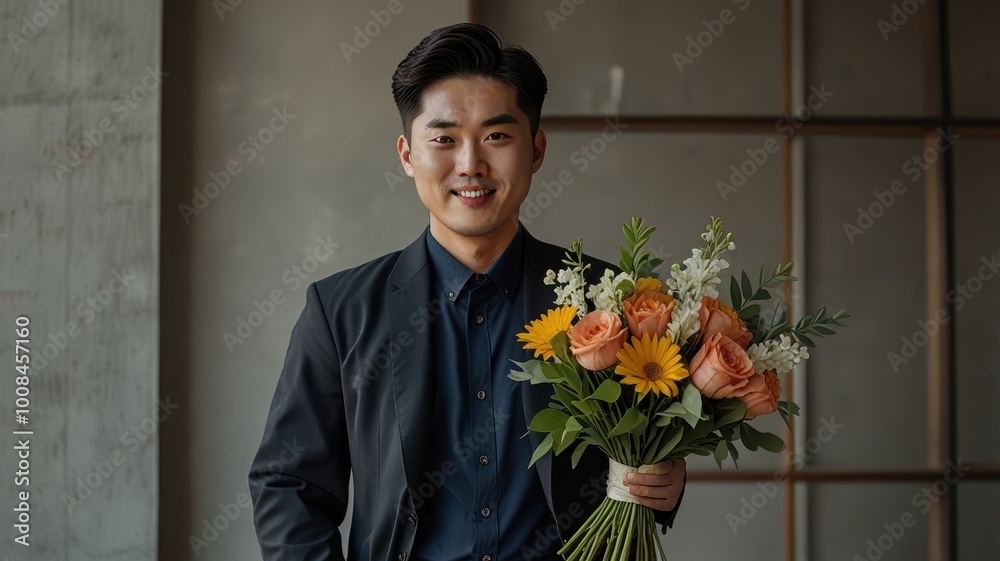 A korean man with a bouquet of flowers A korean man with a bouquet of flowers