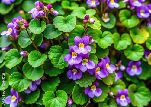 Delicate Cymbalaria Plant with Green Leaves and Purple Flowers Growing in a Natural Environment