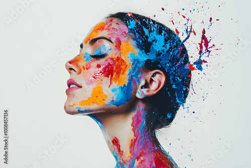 portrait of a woman with colorful splash painting, 