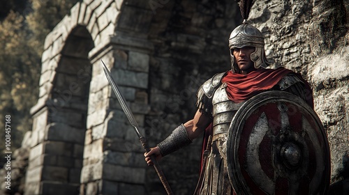 29. Roman legionnaire holding a spear and shield in front of a stone archway