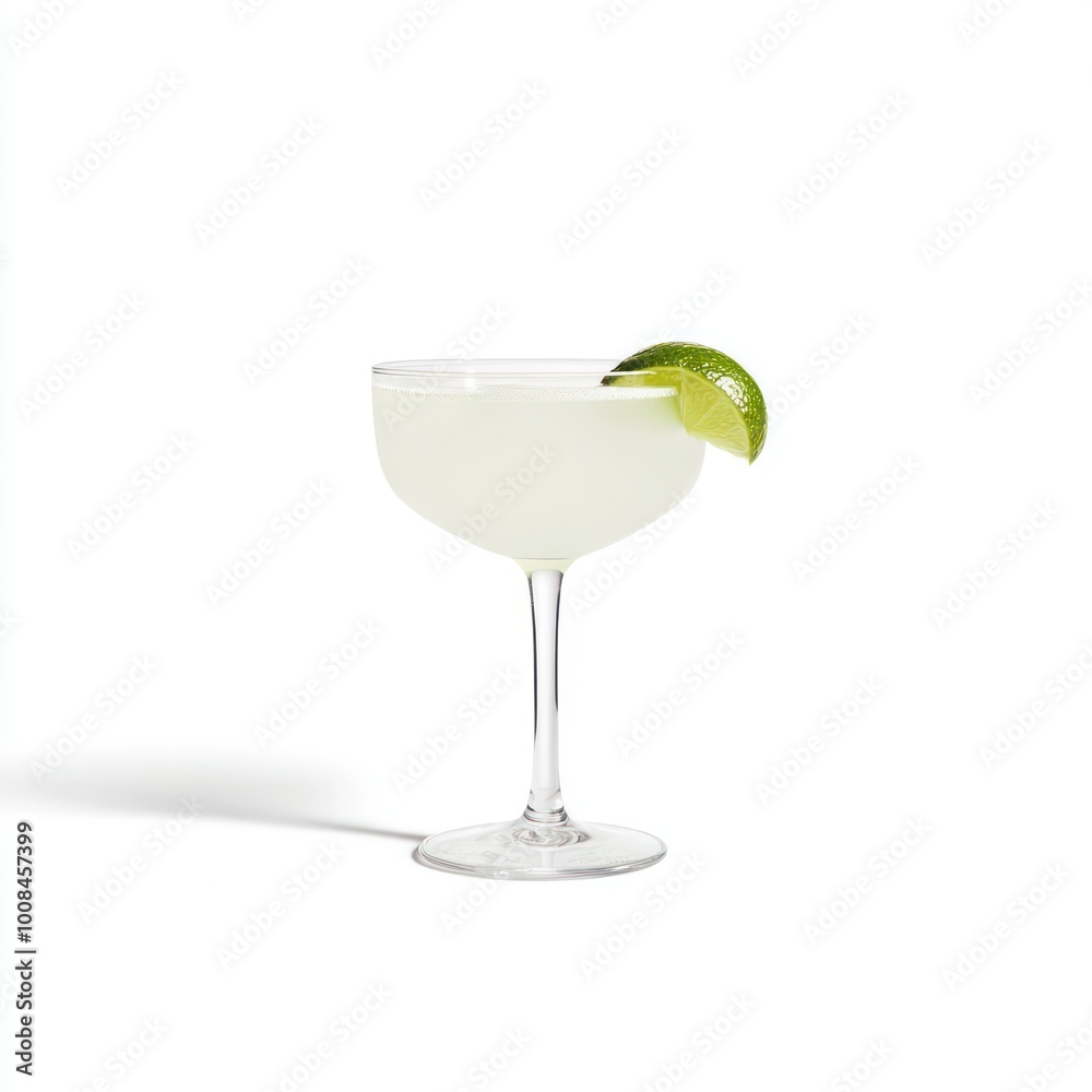 Refreshing Daiquiri Cocktail with Lime Garnish in Coupe Glass on White Background Refreshing Daiquiri Cocktail with Lime Garnish in Coupe Glass on White Background