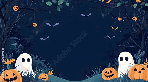 Cute Cartoon Halloween Background with Pumpkins Ghosts and Bats in Spooky Nighttime Landscape