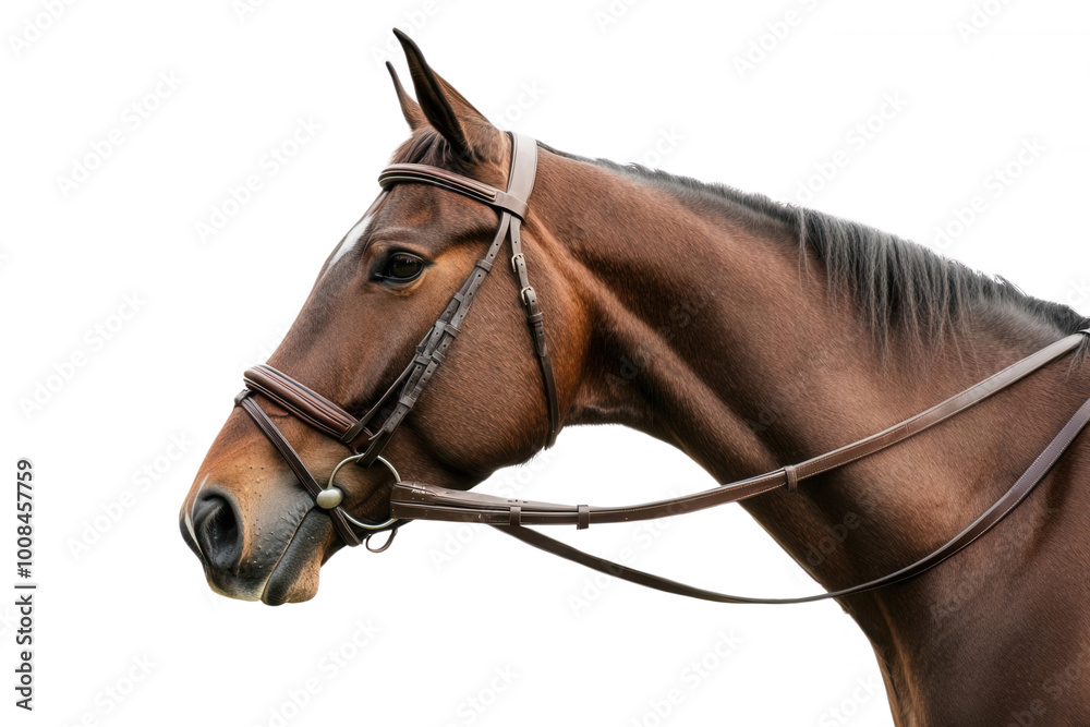 Close-up of a beautiful brown horse with a bridle against a white isolated background. Close-up of a beautiful brown horse with a bridle against a white isolated background.