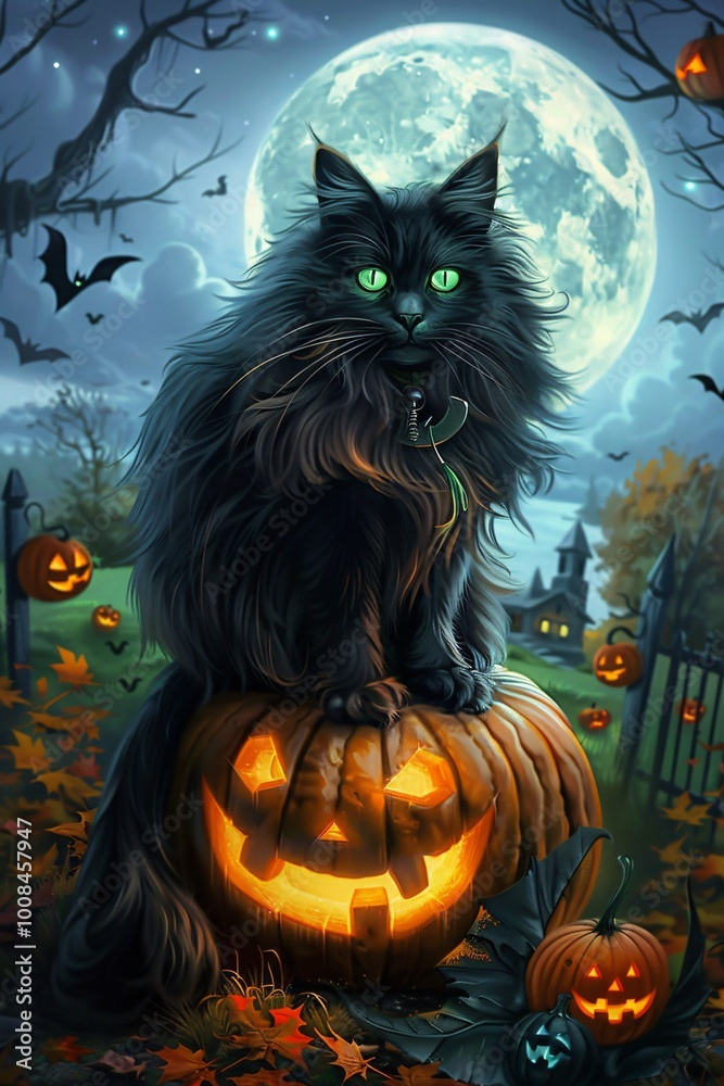 Majestic Black Maine Coon Cat on Glowing Jack-O'-Lantern with Full Moon Majestic Black Maine Coon Cat on Glowing Jack-O'-Lantern with Full Moon