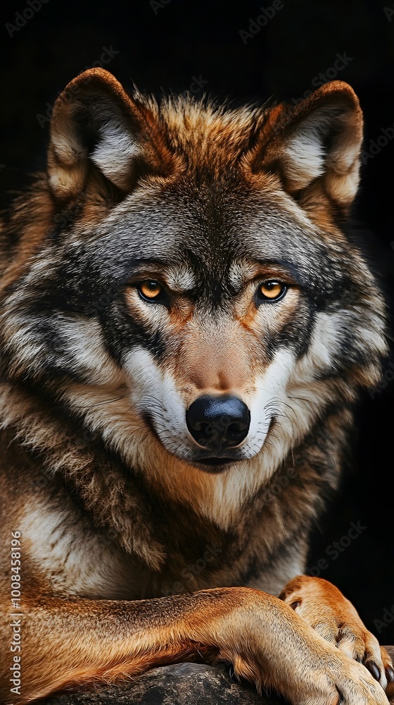 Obraz premium Portrait of a wolf, looking at the camera, against a black background