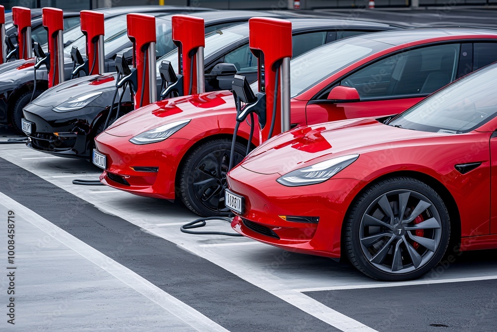 Obraz premium A row of electric cars charging at fast charging stations in a logistics center parking area, with copy space for promotional content.