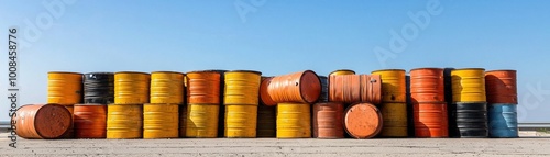 Stacked colorful industrial barrels against a clear blue sky. photo