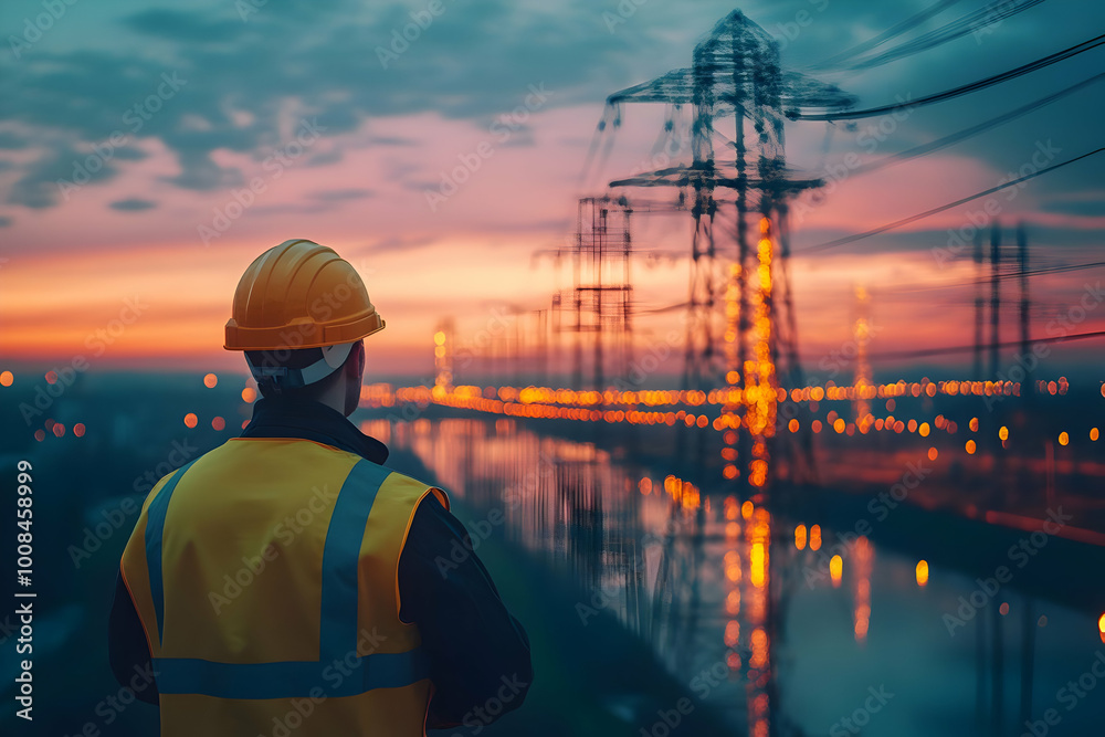 Electrical Engineer Inspecting Power Lines at Sunset - Realistic Image