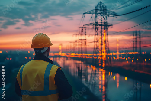 Obraz na płótnie Electrical Engineer Inspecting Power Lines at Sunset - Realistic Image w salonie