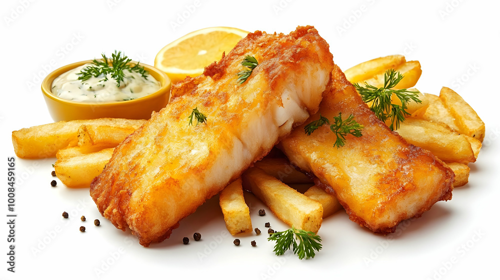 Crispy Fried Fish and Chips Photo with Lemon and Tartar Sauce Crispy Fried Fish and Chips Photo with Lemon and Tartar Sauce
