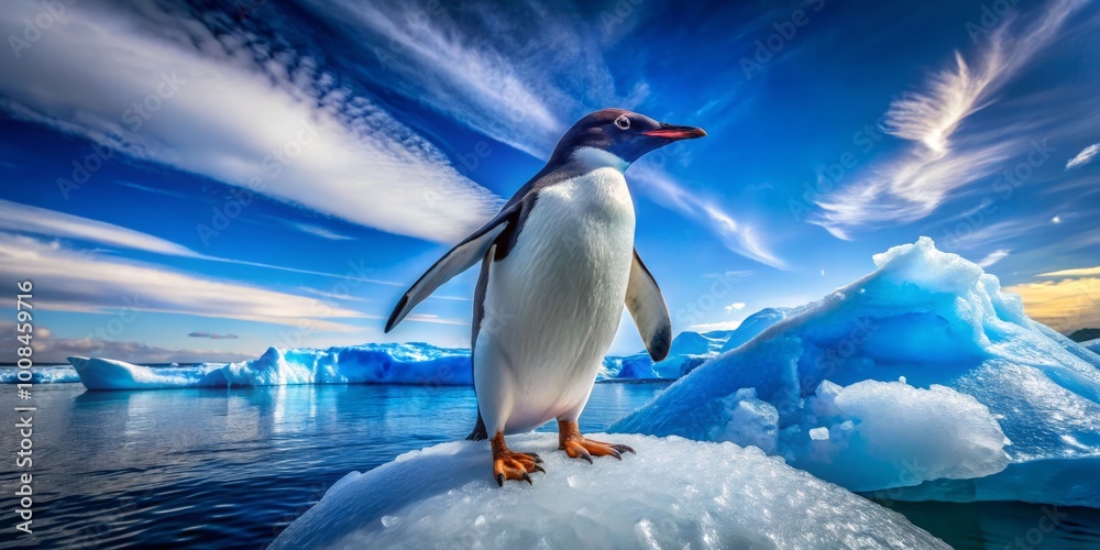 Obraz premium Be captivated by a delightful blue penguin atop a sparkling ice patch, surrounded by a pristine ocean and