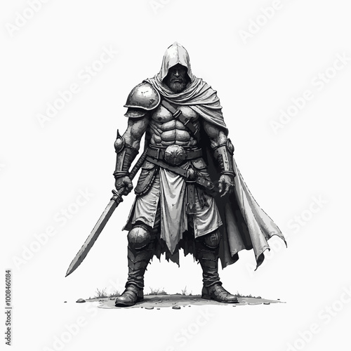 Fantasy Warrior vector artwork. Medieval Knight With Sword. ancient fighter