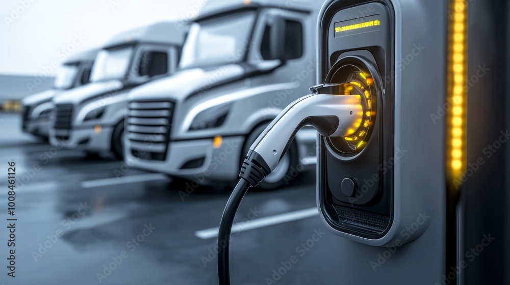 Obraz premium Company fleet of electric vehicles charging at fast chargers in a logistics center parking area, with trucks and warehouses visible, offering ample copy space for messaging.