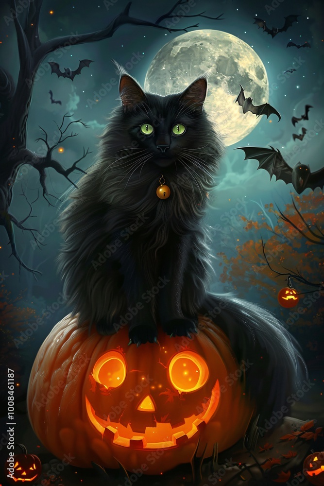 Majestic Black Maine Coon Cat on Glowing Jack-O'-Lantern with Full Moon Majestic Black Maine Coon Cat on Glowing Jack-O'-Lantern with Full Moon