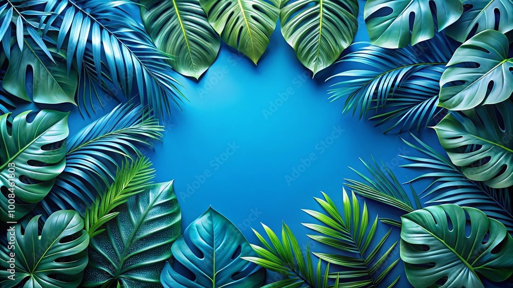 Naklejka premium Vibrant Green Foliage Arranged in a Circular Pattern Against a Vivid Blue Background