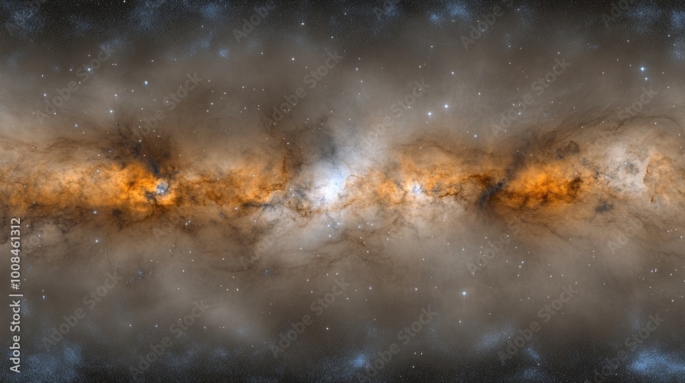 A dense array of stars in the night sky, with the Milky Way clearly visible across the horizon A dense array of stars in the night sky, with the Milky Way clearly visible across the horizon