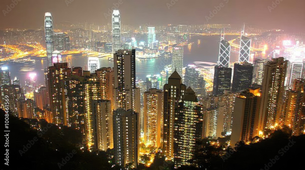 Obraz premium A dense cluster of city lights seen at night from a high vantage point, showcasing urban life