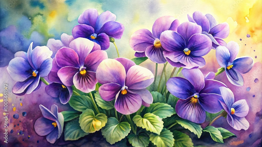 Delicate Watercolor Painting of Violet Flowers with Soft Brush Strokes and Gentle Color Gradients Delicate Watercolor Painting of Violet Flowers with Soft Brush Strokes and Gentle Color Gradients
