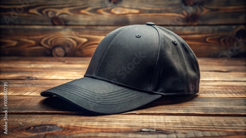 This chic black baseball cap rests on a rustic wooden backdrop, showcasing its fashionable appeal and perfect for any accessory loverâ€™s collection. photo