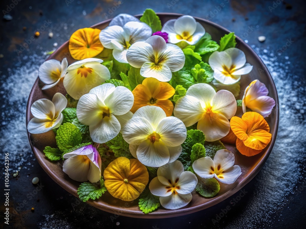 Delicate white edible flowers arranged beautifully, perfect for culinary and gardening inspiration Delicate white edible flowers arranged beautifully, perfect for culinary and gardening inspiration