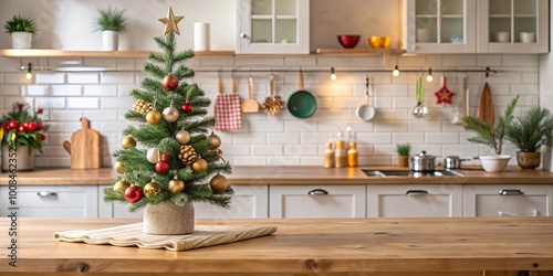 A miniature Christmas tree with gold and red ornaments sits on a wooden table in a white kitchen with a blurred background. photo