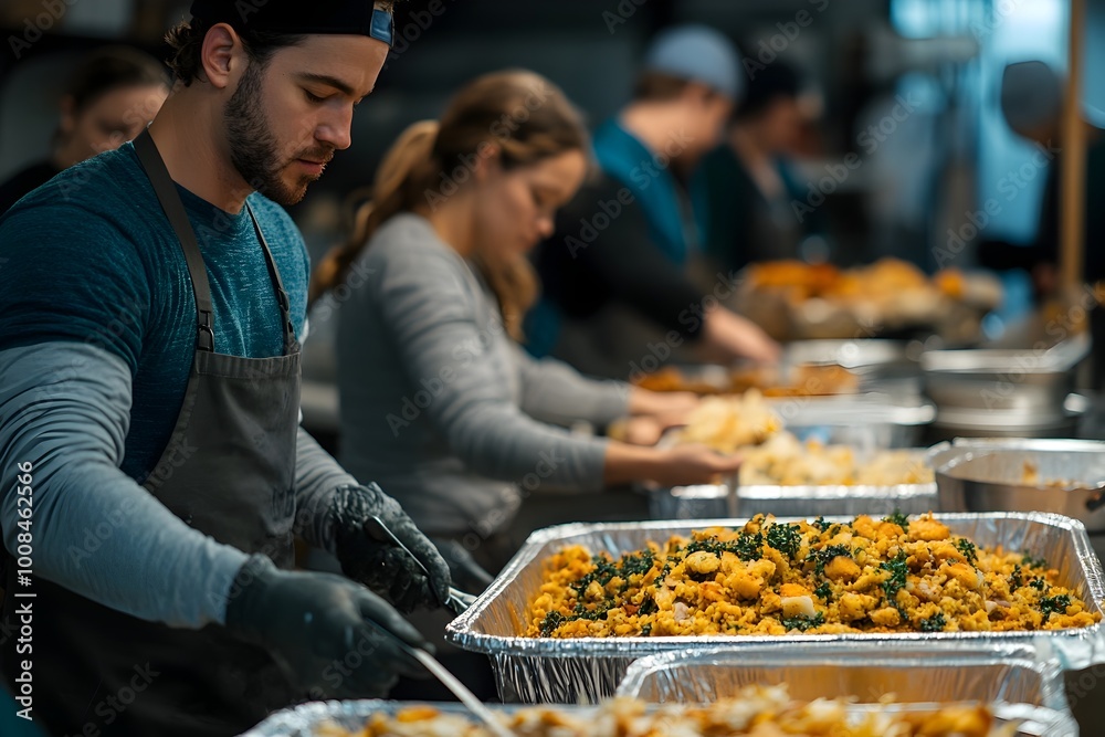 Volunteers Serving Thanksgiving Meals to the Community in a Contemporary Dining Hall Volunteers Serving Thanksgiving Meals to the Community in a Contemporary Dining Hall