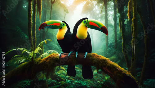 Toucan sitting on the branch in the forest, green vegetation, Nature travel. Two Keel-billed Toucan, Ramphastos sulfuratus, pair of bird with big bill. Wildlife