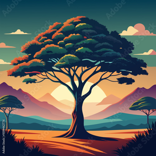 landscape with tree and sunset