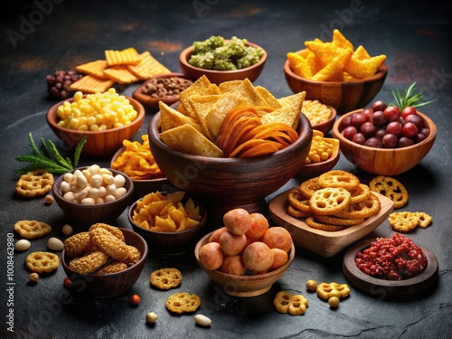 Delicious assorted snacks on a dark background perfect for food photography and culinary projects