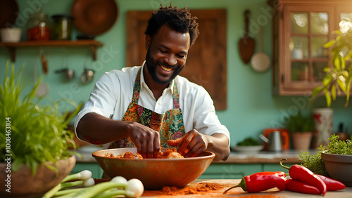 A Jamaican chef is cooking jerk chicken, a Jamaican food that tourists love.