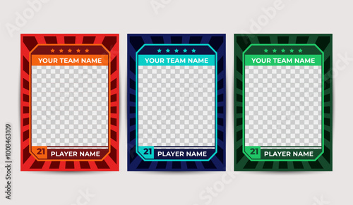 Set of trading frames for game sports card template. Blank frames for team and player names with colorful backgrounds. Vector design