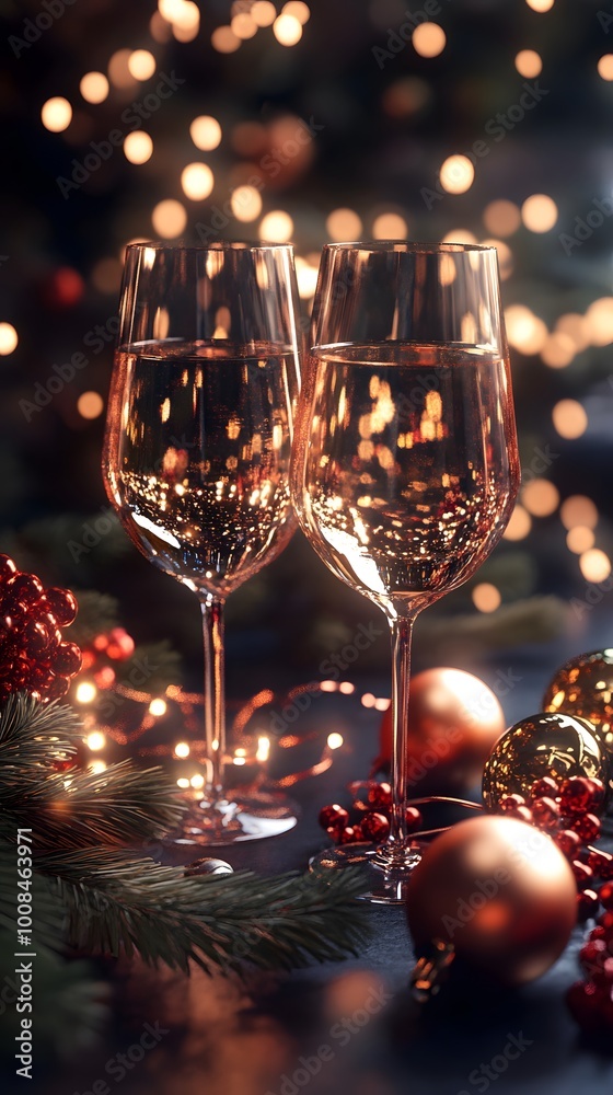 Two elegant glasses of sparkling drink amidst festive decorations. Two elegant glasses of sparkling drink amidst festive decorations.