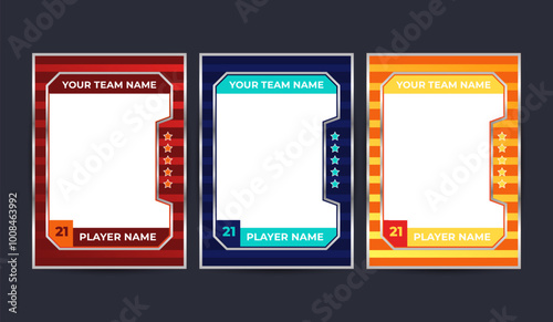 Set of trading frames for game sports card template. Templates for sports teams, including space for team name, player name, and number. Vector illustration