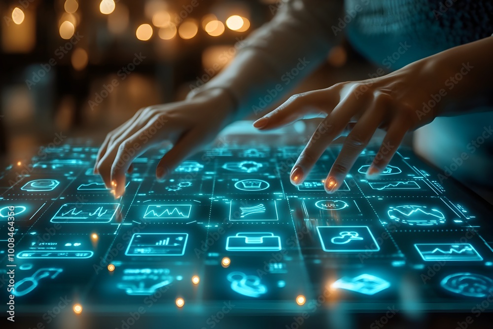 Hands Interacting With Smart Digital Insurance Management Table With Virtual Icons And Policies Hands Interacting With Smart Digital Insurance Management Table With Virtual Icons And Policies