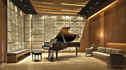 A sleek, minimalist music room with a grand piano, soundproof walls, and a seating area with acoustic panels photo