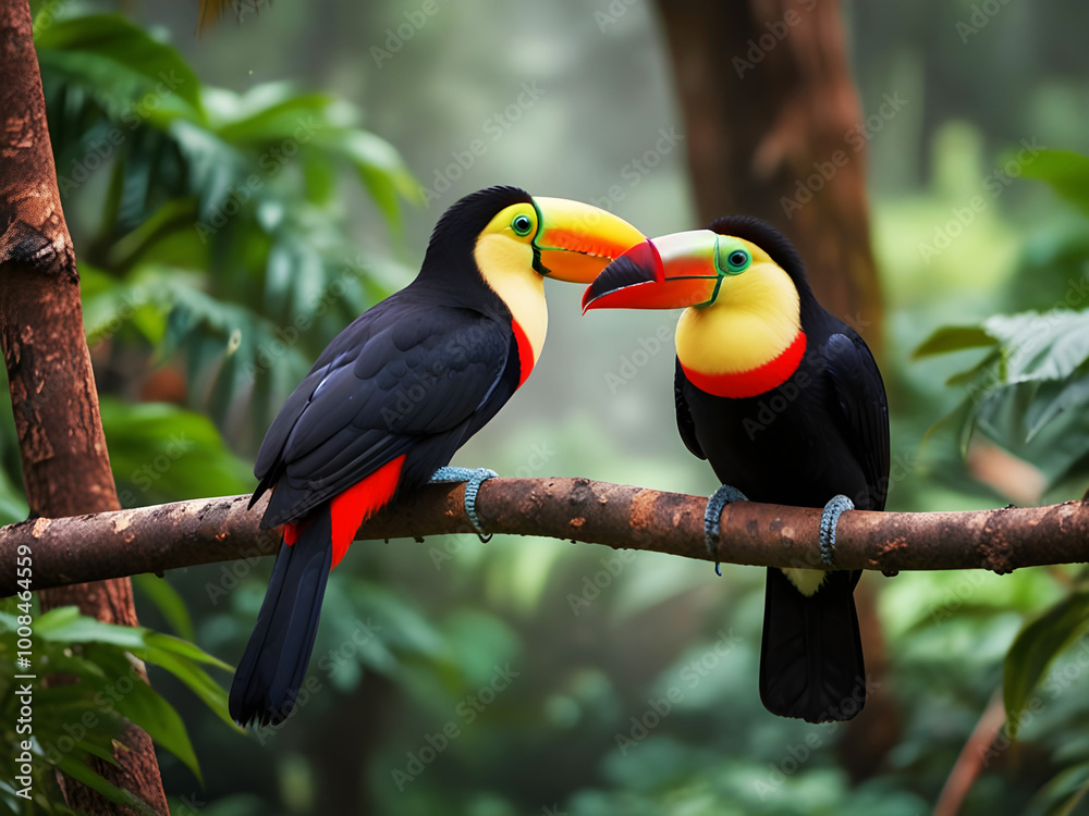Toucan sitting on the branch in the forest, green vegetation,  Nature travel. Two Keel-billed Toucan, Ramphastos sulfuratus, pair of bird with big bill. Wildlife